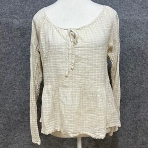 GAP Women Beige Textured Gauze Peasant Blouse Top Long Sleeve Tie‎ Neck XS